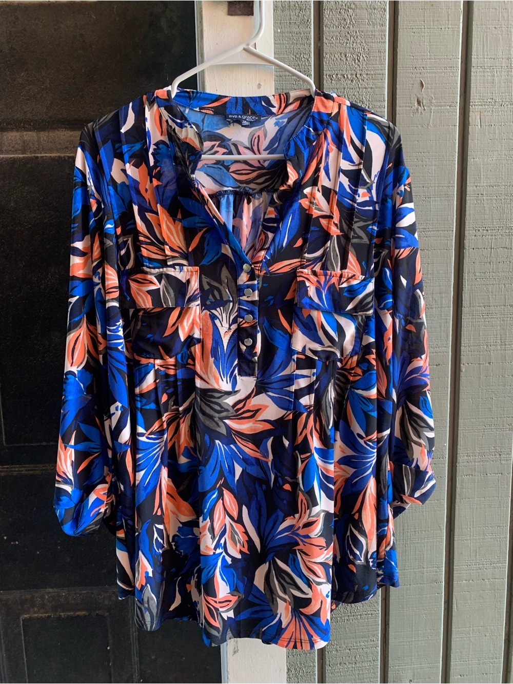 Women’s Floral Button-Front Blouse in Blue and Coral
